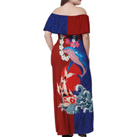 Hawaiian and Japanese Together Family Matching Off Shoulder Maxi Dress and Hawaiian Shirt The Whale and Koi Fish with Hinomaru and Lei LT03 - Polynesian Pride