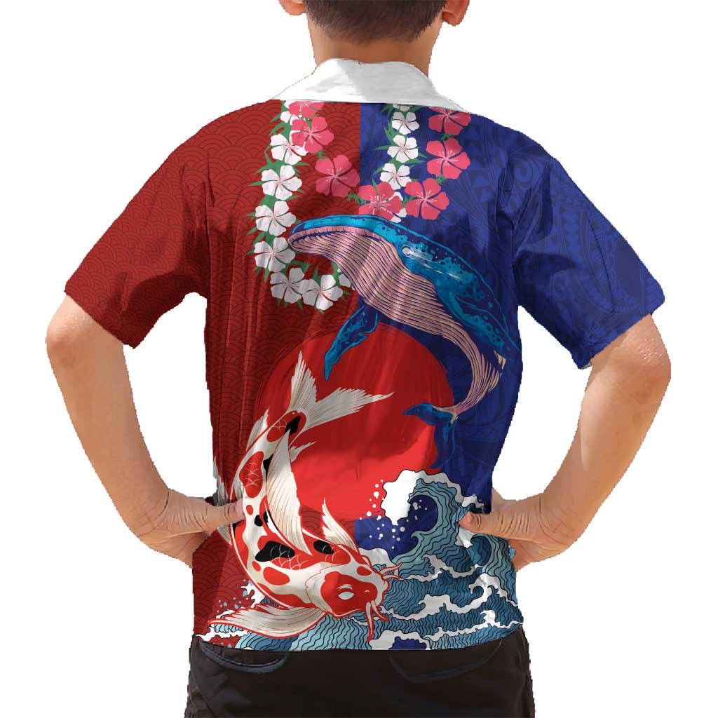 Hawaiian and Japanese Together Family Matching Off Shoulder Short Dress and Hawaiian Shirt The Whale and Koi Fish with Hinomaru and Lei LT03 - Polynesian Pride
