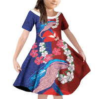 Hawaiian and Japanese Together Family Matching Off Shoulder Short Dress and Hawaiian Shirt The Whale and Koi Fish with Hinomaru and Lei LT03 Daughter's Dress Blue - Polynesian Pride