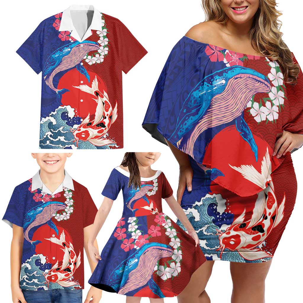 Hawaiian and Japanese Together Family Matching Off Shoulder Short Dress and Hawaiian Shirt The Whale and Koi Fish with Hinomaru and Lei LT03 - Polynesian Pride