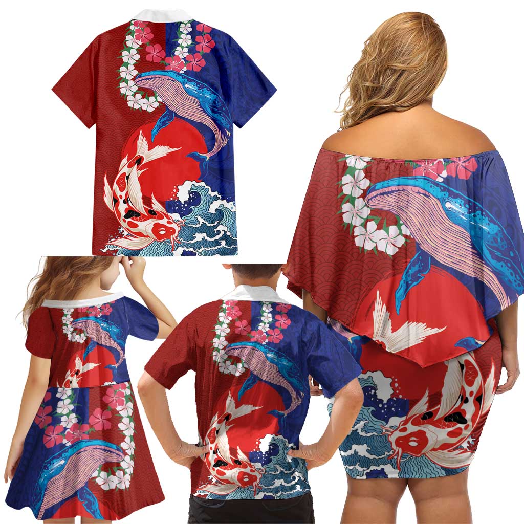 Hawaiian and Japanese Together Family Matching Off Shoulder Short Dress and Hawaiian Shirt The Whale and Koi Fish with Hinomaru and Lei LT03 - Polynesian Pride