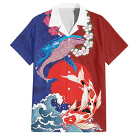 Hawaiian and Japanese Together Family Matching Off Shoulder Short Dress and Hawaiian Shirt The Whale and Koi Fish with Hinomaru and Lei LT03 Dad's Shirt - Short Sleeve Blue - Polynesian Pride