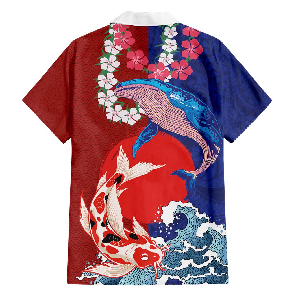 Hawaiian and Japanese Together Family Matching Off Shoulder Short Dress and Hawaiian Shirt The Whale and Koi Fish with Hinomaru and Lei LT03 - Polynesian Pride