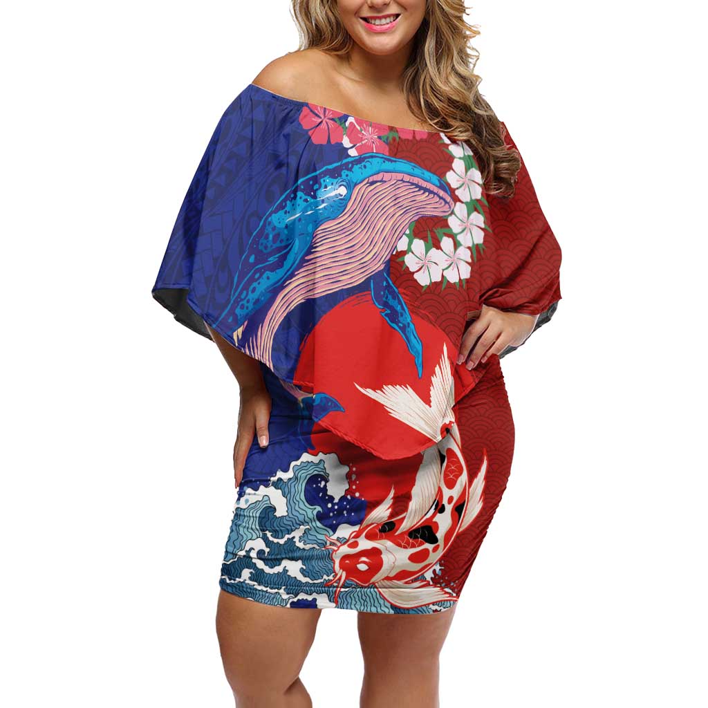 Hawaiian and Japanese Together Family Matching Off Shoulder Short Dress and Hawaiian Shirt The Whale and Koi Fish with Hinomaru and Lei LT03 Mom's Dress Blue - Polynesian Pride
