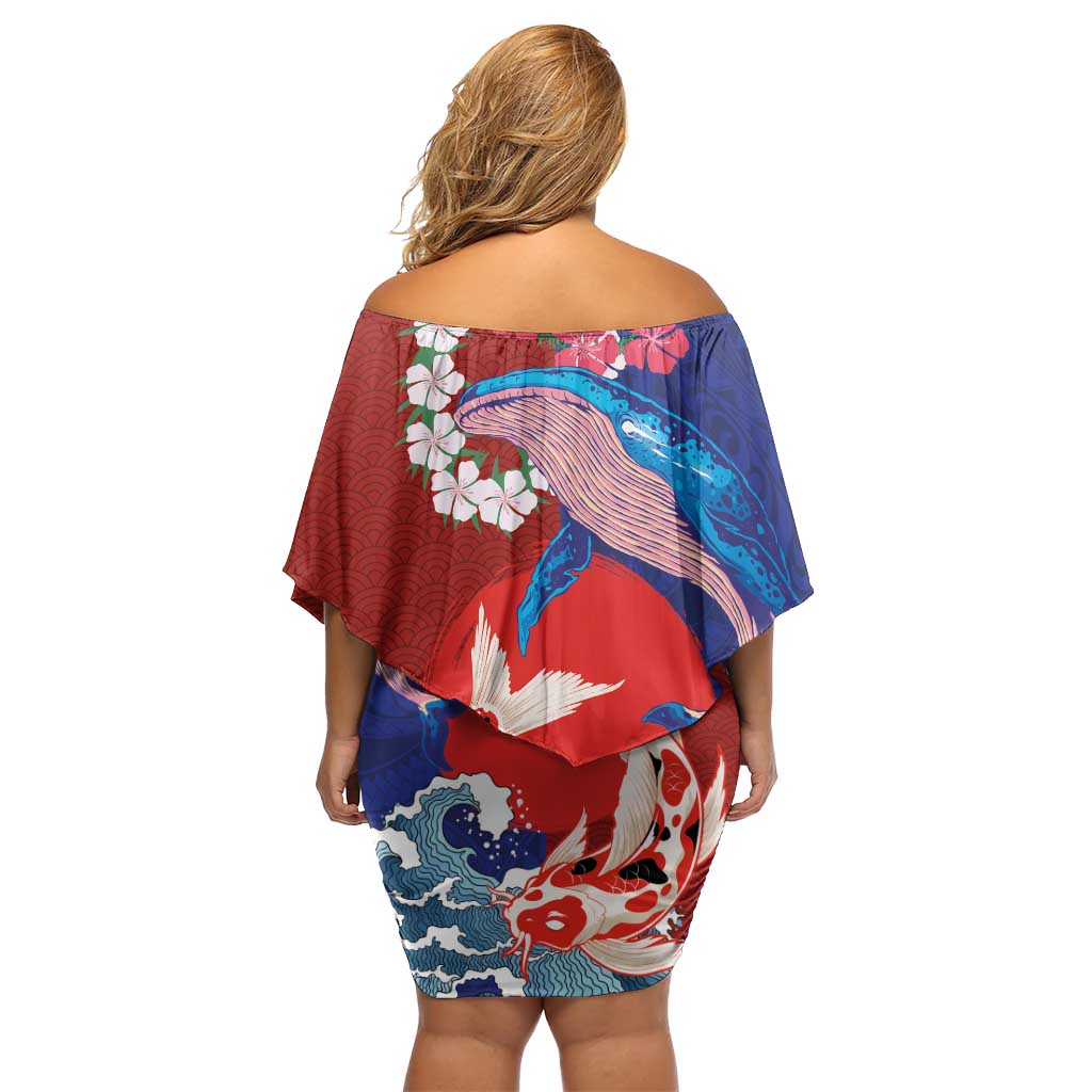 Hawaiian and Japanese Together Family Matching Off Shoulder Short Dress and Hawaiian Shirt The Whale and Koi Fish with Hinomaru and Lei LT03 - Polynesian Pride