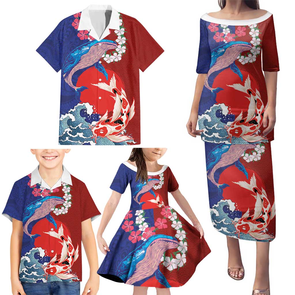 Hawaiian and Japanese Together Family Matching Puletasi and Hawaiian Shirt The Whale and Koi Fish with Hinomaru and Lei LT03 - Polynesian Pride