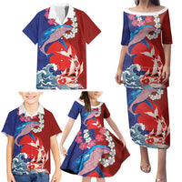 Hawaiian and Japanese Together Family Matching Puletasi and Hawaiian Shirt The Whale and Koi Fish with Hinomaru and Lei LT03 - Polynesian Pride