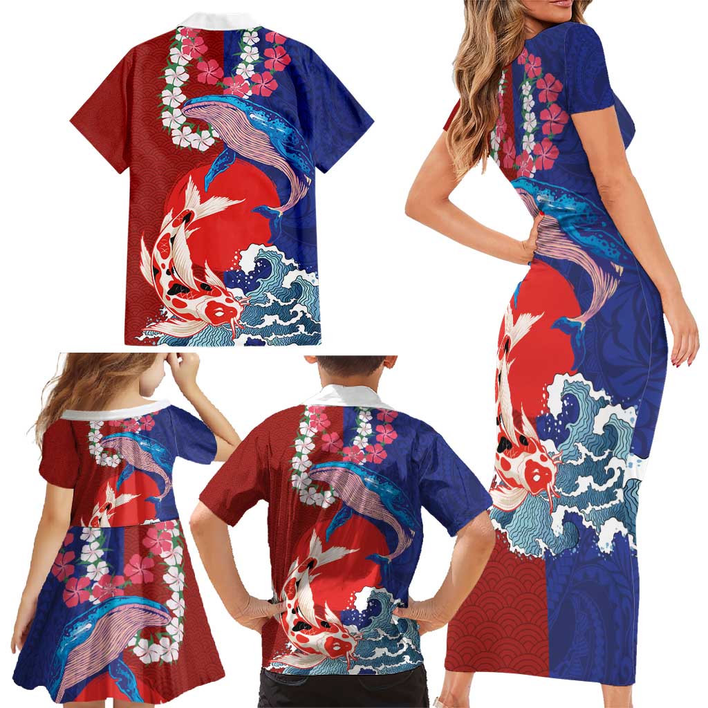 Hawaiian and Japanese Together Family Matching Short Sleeve Bodycon Dress and Hawaiian Shirt The Whale and Koi Fish with Hinomaru and Lei LT03 - Polynesian Pride