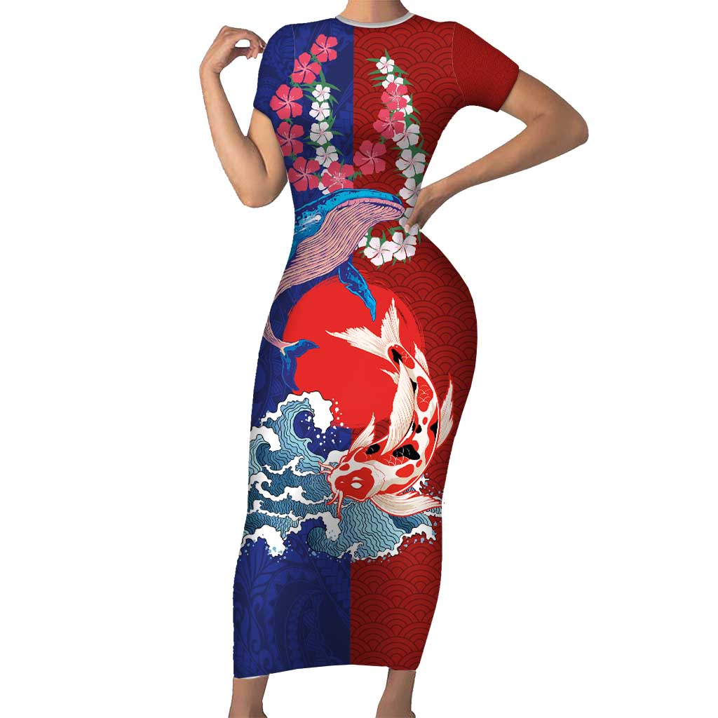 Hawaiian and Japanese Together Family Matching Short Sleeve Bodycon Dress and Hawaiian Shirt The Whale and Koi Fish with Hinomaru and Lei LT03 Mom's Dress Blue - Polynesian Pride