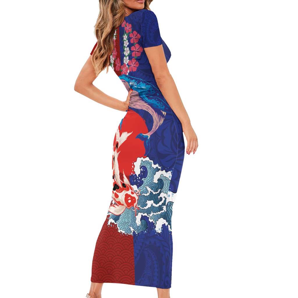 Hawaiian and Japanese Together Family Matching Short Sleeve Bodycon Dress and Hawaiian Shirt The Whale and Koi Fish with Hinomaru and Lei LT03 - Polynesian Pride