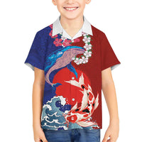 Hawaiian and Japanese Together Family Matching Short Sleeve Bodycon Dress and Hawaiian Shirt The Whale and Koi Fish with Hinomaru and Lei LT03 Son's Shirt Blue - Polynesian Pride