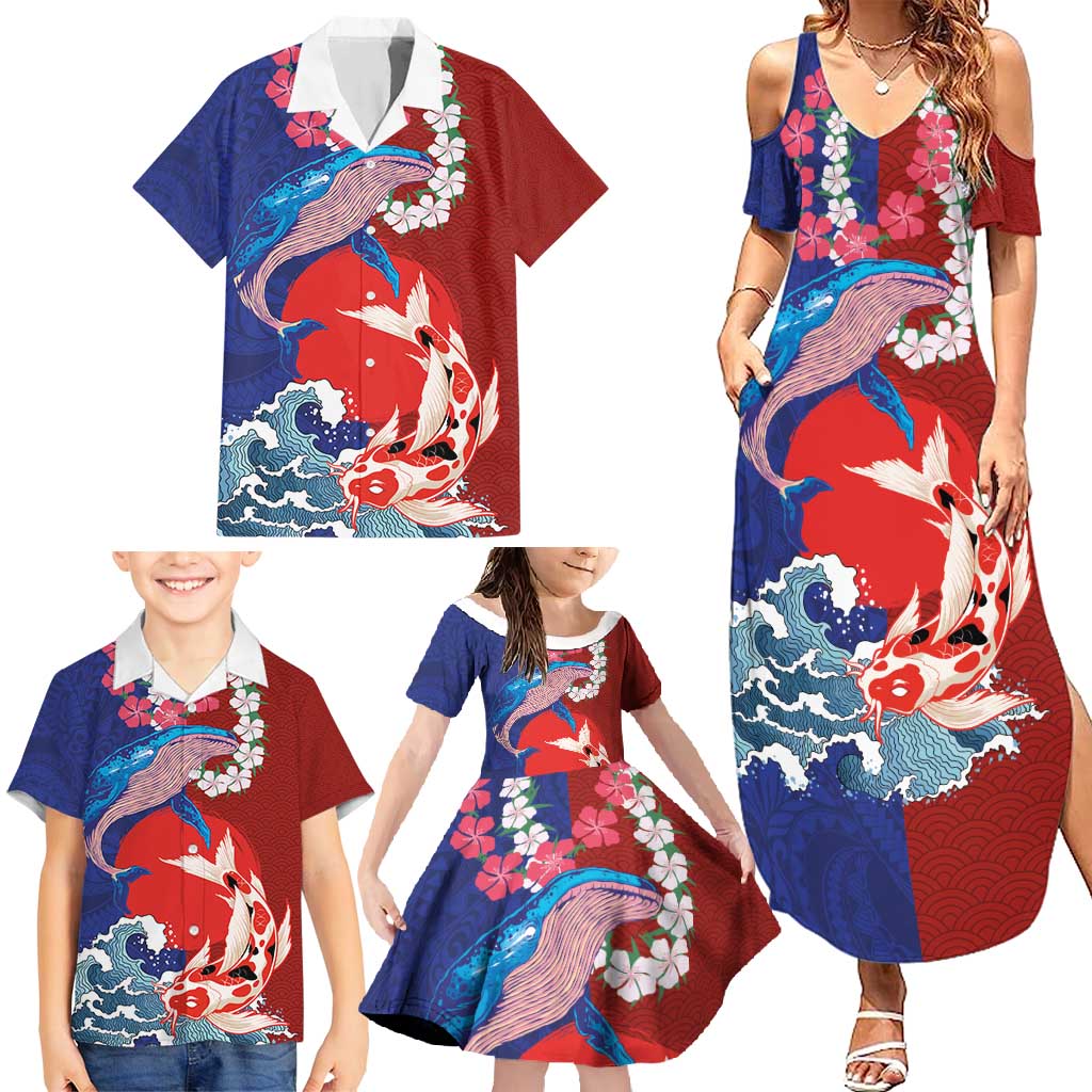 Hawaiian and Japanese Together Family Matching Summer Maxi Dress and Hawaiian Shirt The Whale and Koi Fish with Hinomaru and Lei LT03 - Polynesian Pride