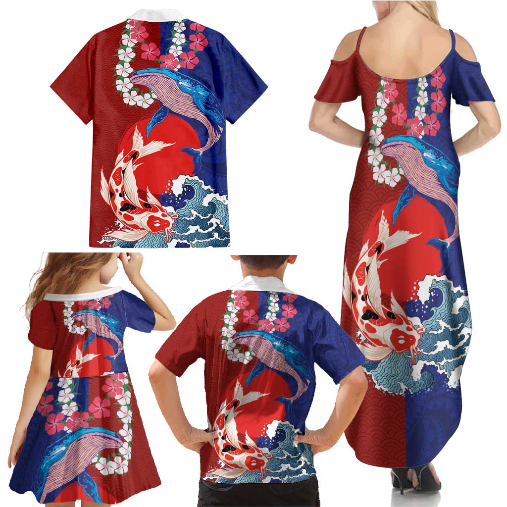 Hawaiian and Japanese Together Family Matching Summer Maxi Dress and Hawaiian Shirt The Whale and Koi Fish with Hinomaru and Lei LT03 - Polynesian Pride