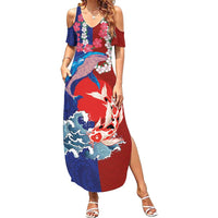 Hawaiian and Japanese Together Family Matching Summer Maxi Dress and Hawaiian Shirt The Whale and Koi Fish with Hinomaru and Lei LT03 Mom's Dress Blue - Polynesian Pride