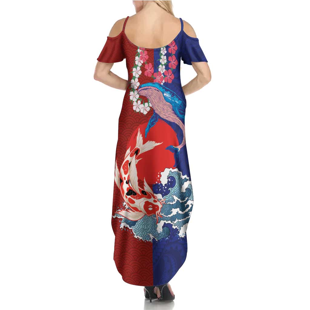 Hawaiian and Japanese Together Family Matching Summer Maxi Dress and Hawaiian Shirt The Whale and Koi Fish with Hinomaru and Lei LT03 - Polynesian Pride