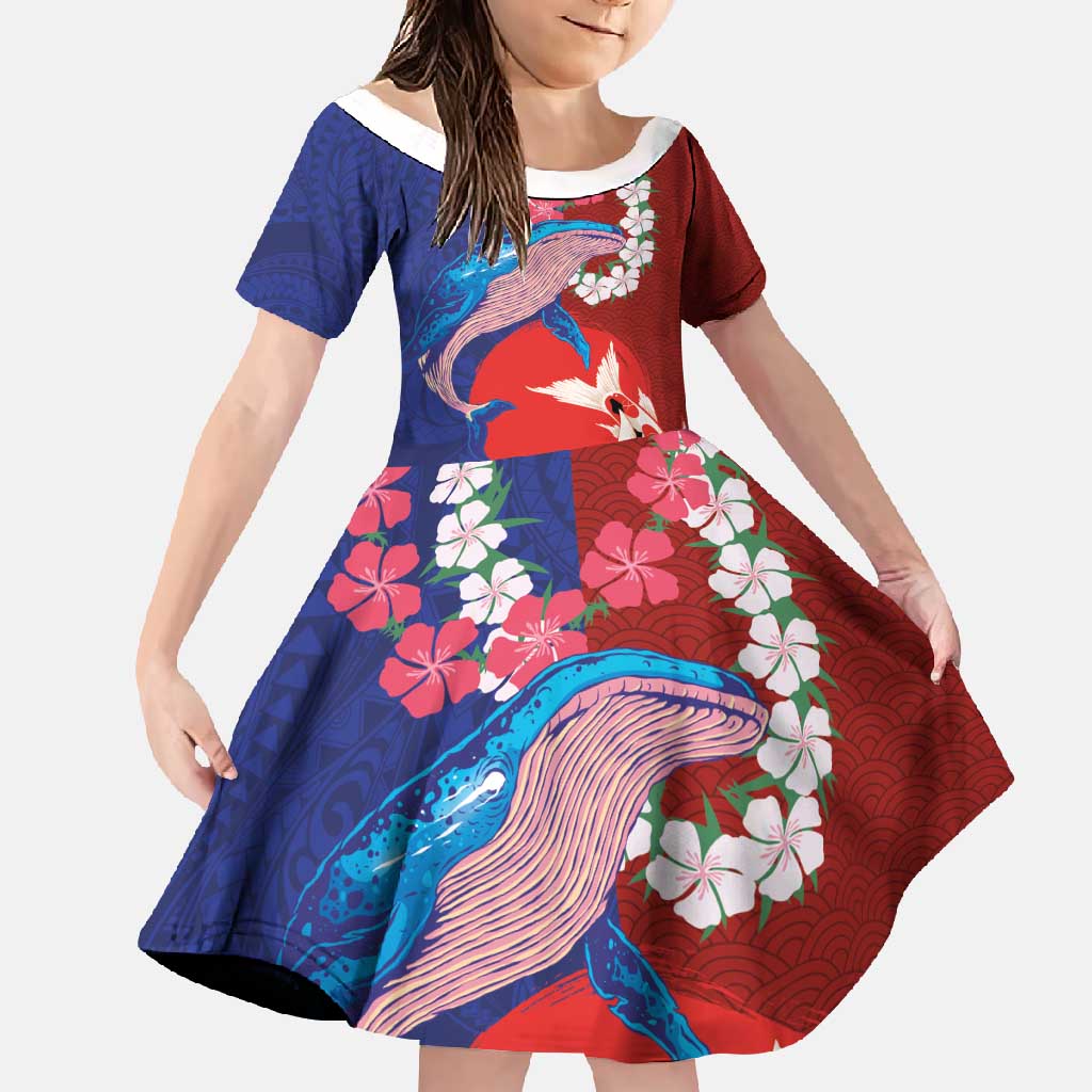 Hawaiian and Japanese Together Family Matching Tank Maxi Dress and Hawaiian Shirt The Whale and Koi Fish with Hinomaru and Lei LT03 Daughter's Dress Blue - Polynesian Pride