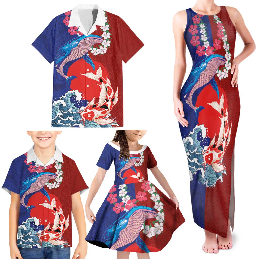 Hawaiian and Japanese Together Family Matching Tank Maxi Dress and Hawaiian Shirt The Whale and Koi Fish with Hinomaru and Lei LT03 - Polynesian Pride