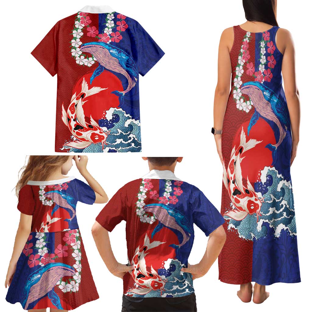 Hawaiian and Japanese Together Family Matching Tank Maxi Dress and Hawaiian Shirt The Whale and Koi Fish with Hinomaru and Lei LT03 - Polynesian Pride