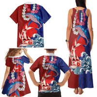 Hawaiian and Japanese Together Family Matching Tank Maxi Dress and Hawaiian Shirt The Whale and Koi Fish with Hinomaru and Lei LT03 - Polynesian Pride