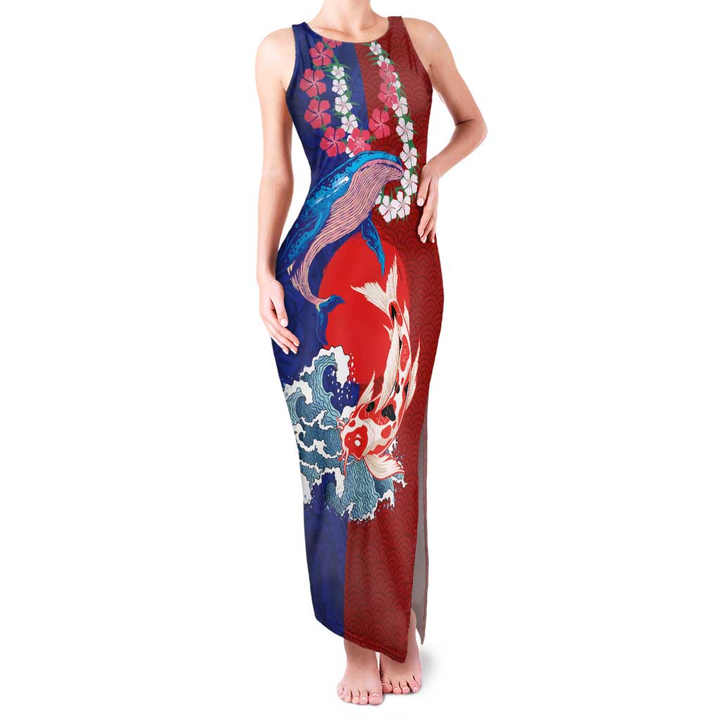 Hawaiian and Japanese Together Family Matching Tank Maxi Dress and Hawaiian Shirt The Whale and Koi Fish with Hinomaru and Lei LT03 Mom's Dress Blue - Polynesian Pride