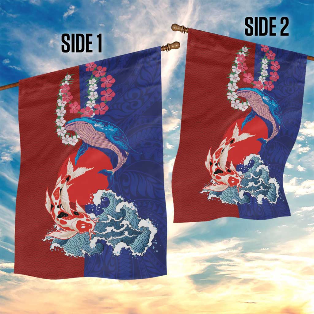 Hawaiian and Japanese Together Garden Flag The Whale and Koi Fish with Hinomaru and Lei