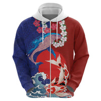 Hawaiian and Japanese Together Hoodie The Whale and Koi Fish with Hinomaru and Lei