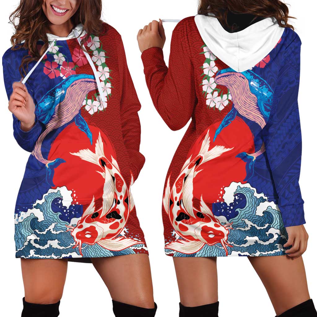 Hawaiian and Japanese Together Hoodie Dress The Whale and Koi Fish with Hinomaru and Lei LT03 - Polynesian Pride