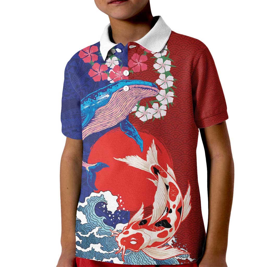 Hawaiian and Japanese Together Kid Polo Shirt The Whale and Koi Fish with Hinomaru and Lei LT03 Kid Blue - Polynesian Pride