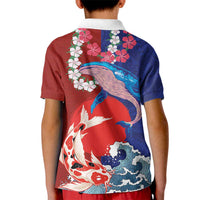 Hawaiian and Japanese Together Kid Polo Shirt The Whale and Koi Fish with Hinomaru and Lei LT03 - Polynesian Pride