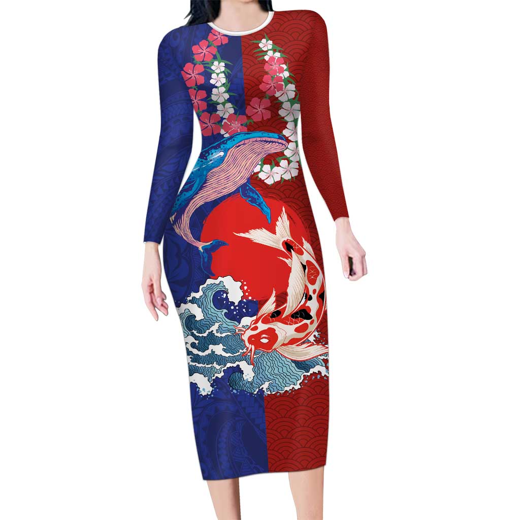 Hawaiian and Japanese Together Long Sleeve Bodycon Dress The Whale and Koi Fish with Hinomaru and Lei LT03 Long Dress Blue - Polynesian Pride