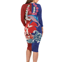 Hawaiian and Japanese Together Long Sleeve Bodycon Dress The Whale and Koi Fish with Hinomaru and Lei LT03 - Polynesian Pride