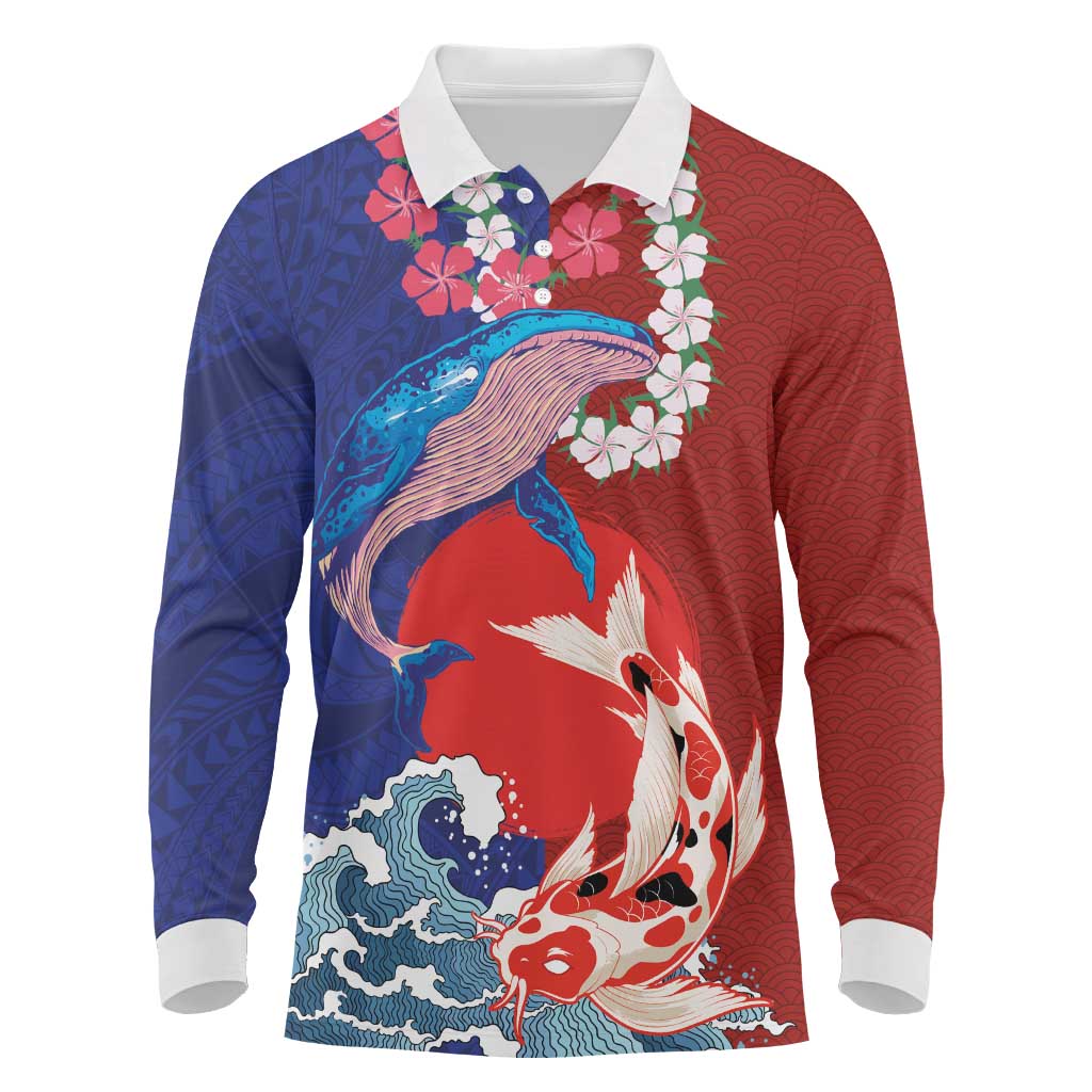 Hawaiian and Japanese Together Long Sleeve Polo Shirt The Whale and Koi Fish with Hinomaru and Lei LT03 Blue - Polynesian Pride