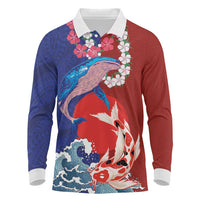 Hawaiian and Japanese Together Long Sleeve Polo Shirt The Whale and Koi Fish with Hinomaru and Lei LT03 Blue - Polynesian Pride