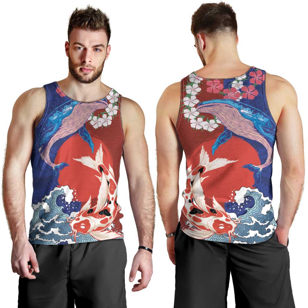 Hawaiian and Japanese Together Men Tank Top The Whale and Koi Fish with Hinomaru and Lei