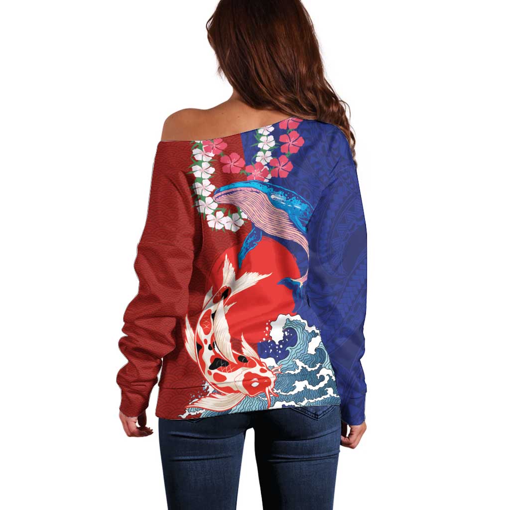 Hawaiian and Japanese Together Off Shoulder Sweater The Whale and Koi Fish with Hinomaru and Lei