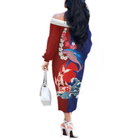 Hawaiian and Japanese Together Off The Shoulder Long Sleeve Dress The Whale and Koi Fish with Hinomaru and Lei