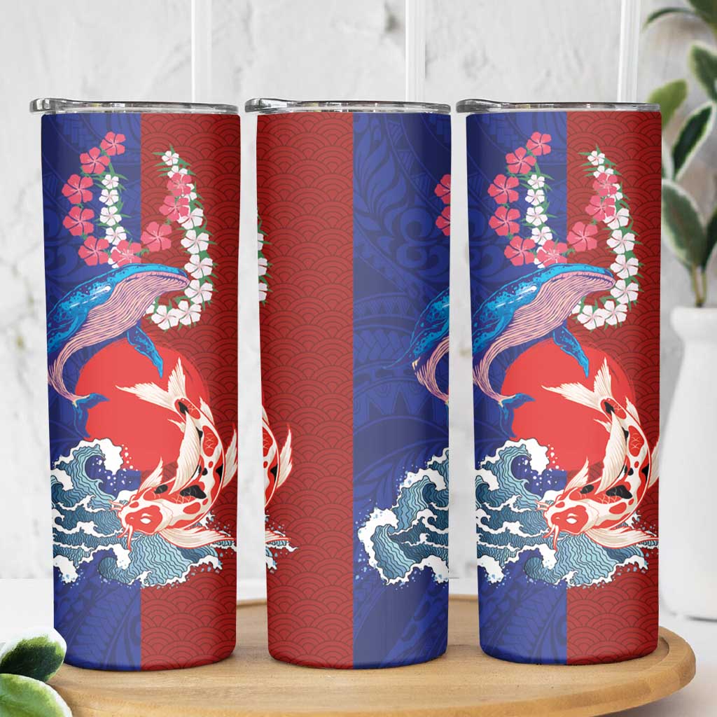 Hawaiian and Japanese Together Skinny Tumbler The Whale and Koi Fish with Hinomaru and Lei LT03 - Polynesian Pride
