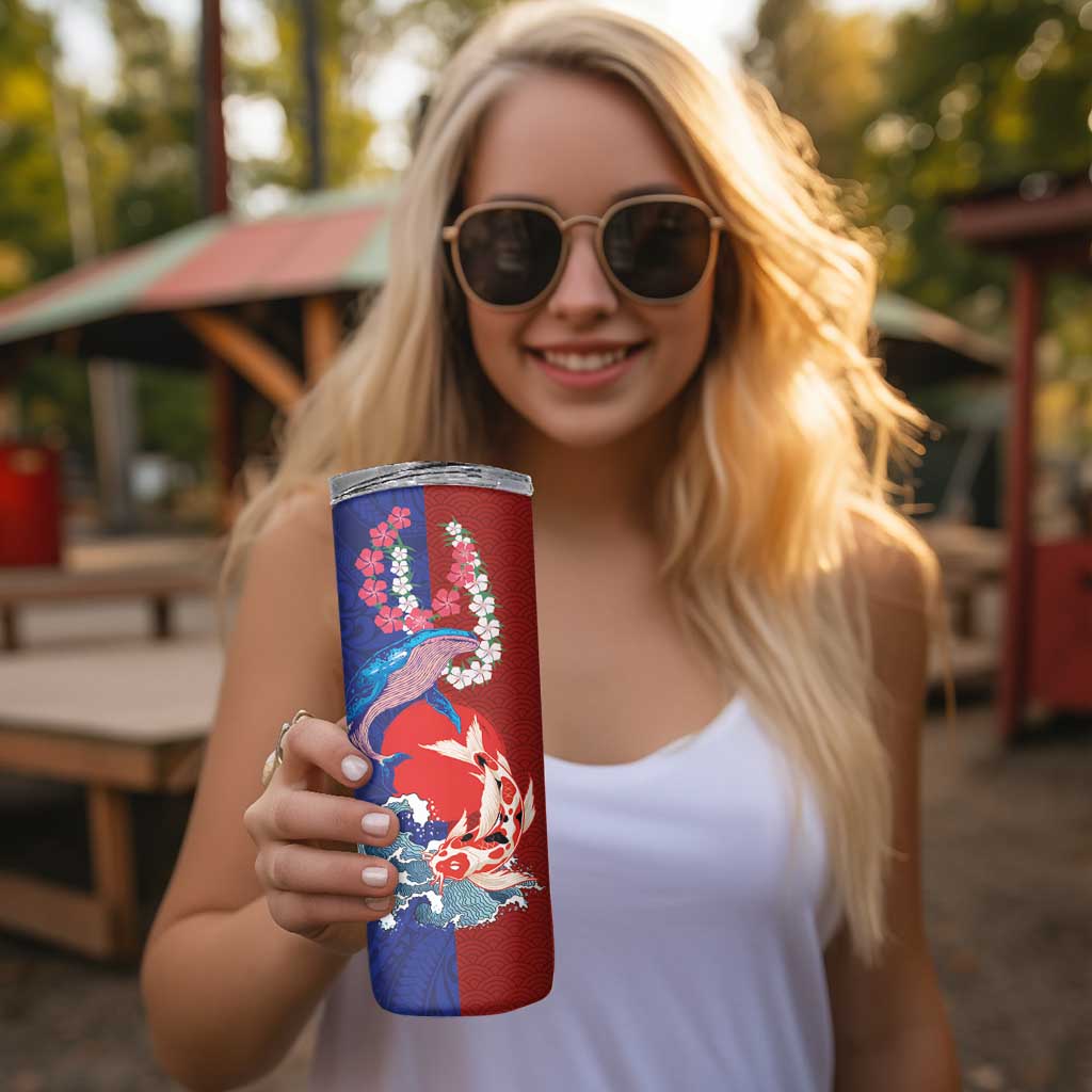 Hawaiian and Japanese Together Skinny Tumbler The Whale and Koi Fish with Hinomaru and Lei LT03 - Polynesian Pride