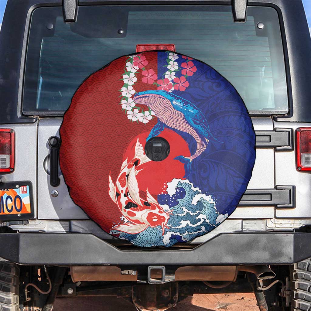 Hawaiian and Japanese Together Spare Tire Cover The Whale and Koi Fish with Hinomaru and Lei LT03 Blue - Polynesian Pride