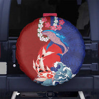Hawaiian and Japanese Together Spare Tire Cover The Whale and Koi Fish with Hinomaru and Lei LT03 No hole Blue - Polynesian Pride