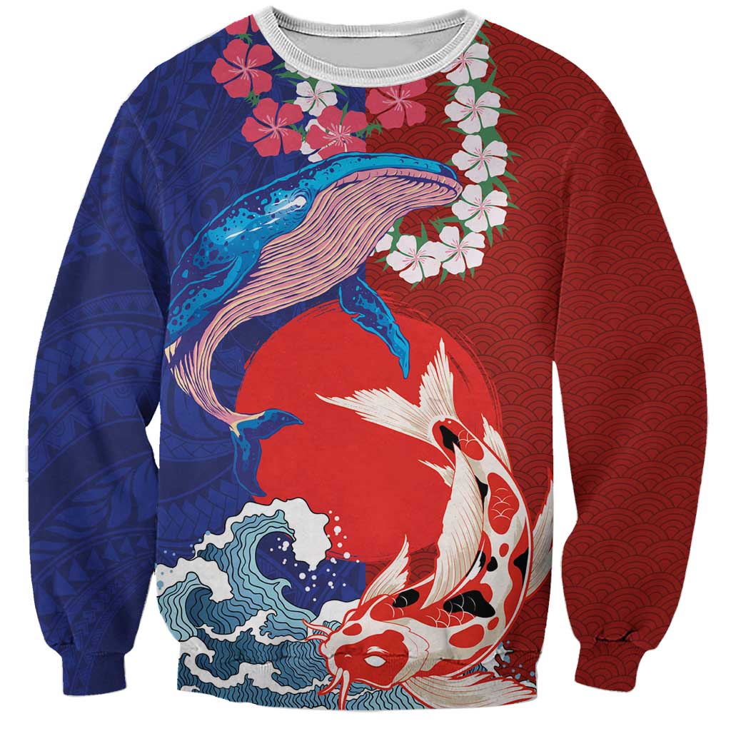 Hawaiian and Japanese Together Sweatshirt The Whale and Koi Fish with Hinomaru and Lei LT03 Unisex Blue - Polynesian Pride