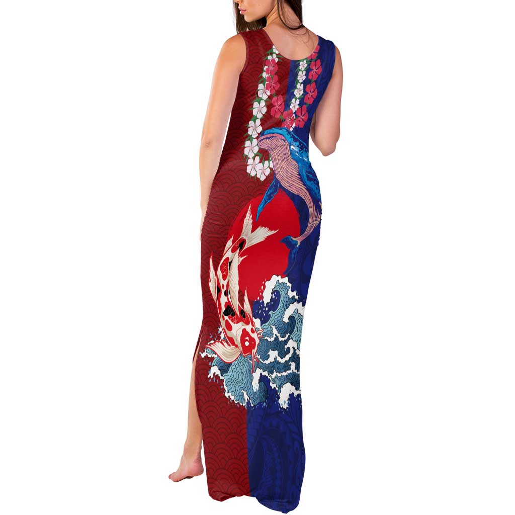 Hawaiian and Japanese Together Tank Maxi Dress The Whale and Koi Fish with Hinomaru and Lei LT03 - Polynesian Pride