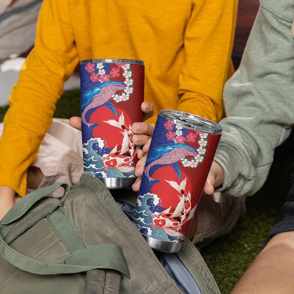 Hawaiian and Japanese Together Tumbler Cup The Whale and Koi Fish with Hinomaru and Lei