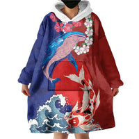Hawaiian and Japanese Together Wearable Blanket Hoodie The Whale and Koi Fish with Hinomaru and Lei LT03 - Polynesian Pride