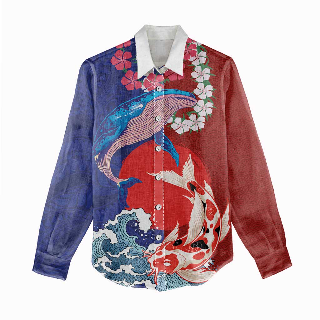 Hawaiian and Japanese Together Women Casual Shirt The Whale and Koi Fish with Hinomaru and Lei LT03 - Polynesian Pride