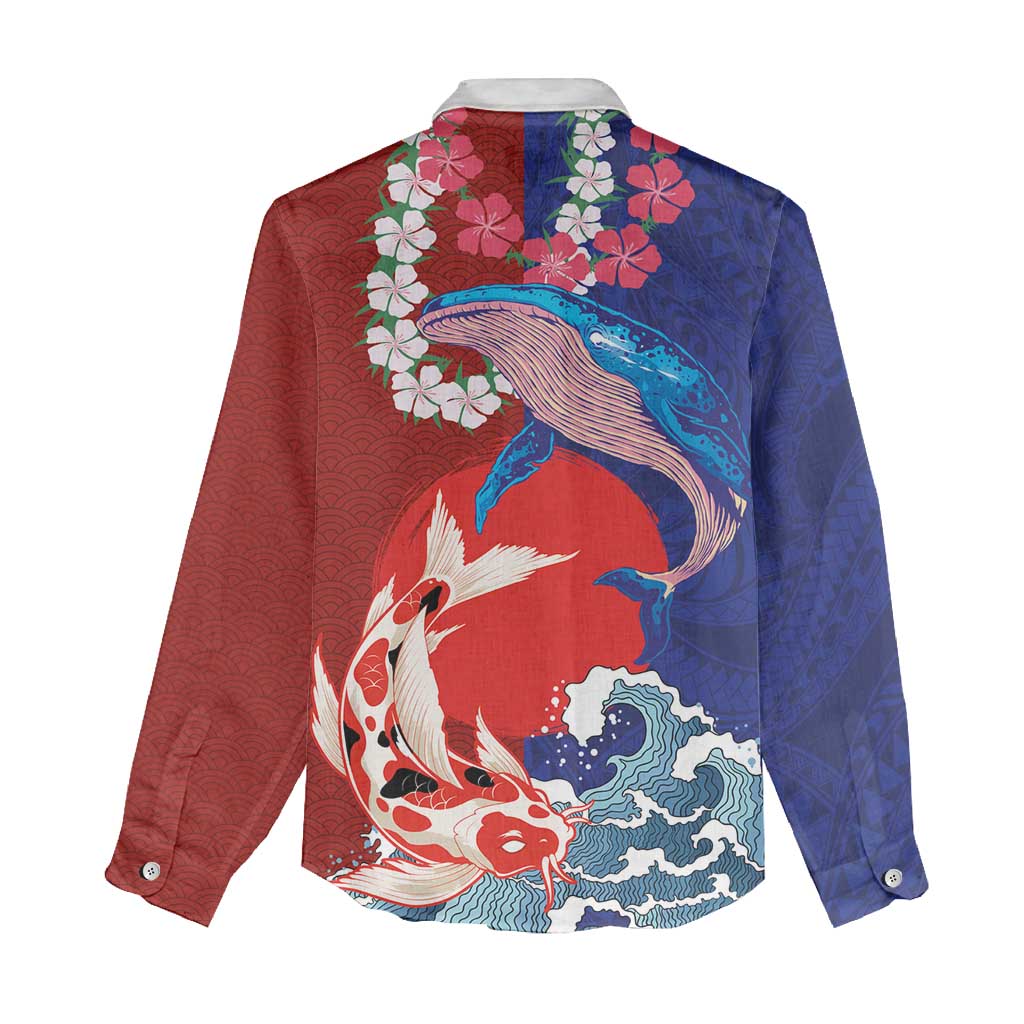 Hawaiian and Japanese Together Women Casual Shirt The Whale and Koi Fish with Hinomaru and Lei LT03 - Polynesian Pride