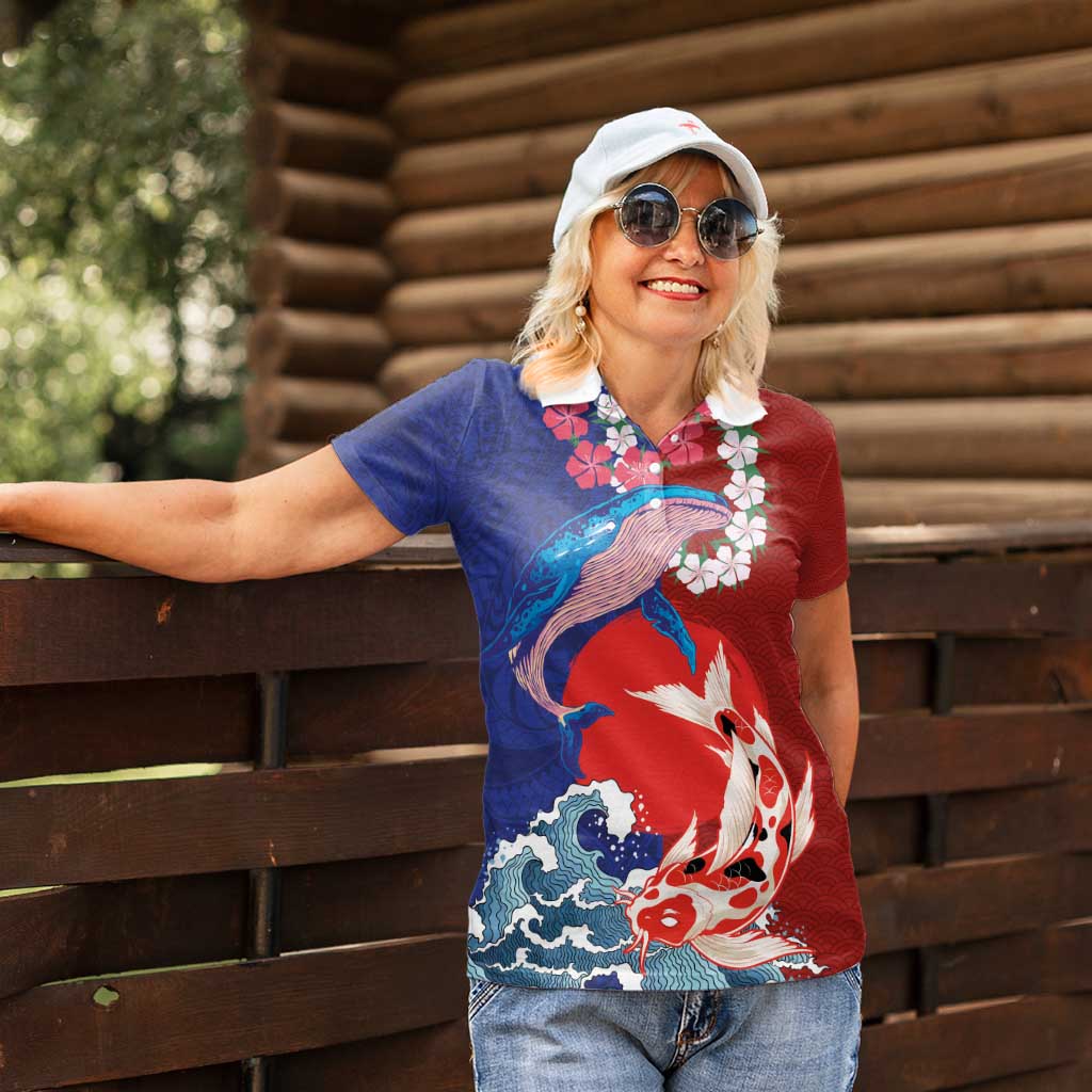 Hawaiian and Japanese Together Women Polo Shirt The Whale and Koi Fish with Hinomaru and Lei LT03 - Polynesian Pride