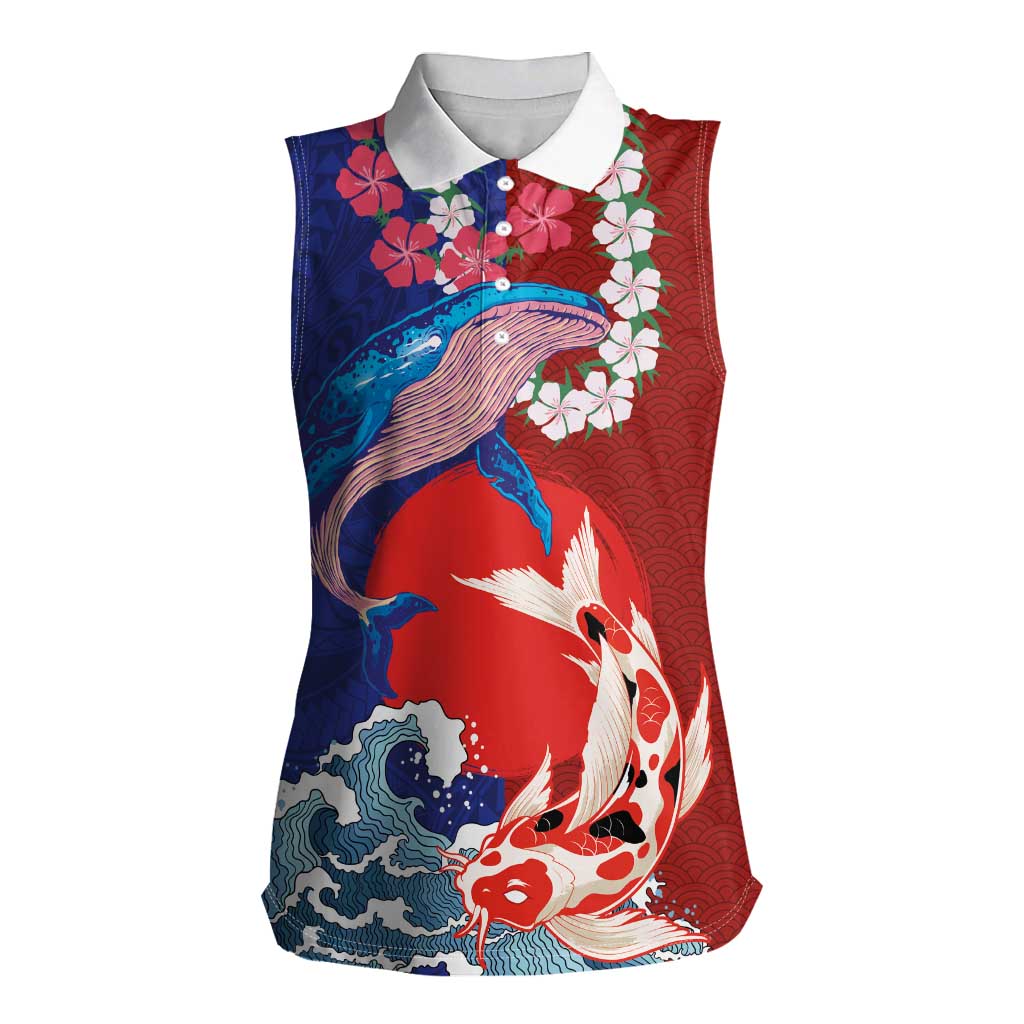 Hawaiian and Japanese Together Women Sleeveless Polo Shirt The Whale and Koi Fish with Hinomaru and Lei LT03 Female Blue - Polynesian Pride