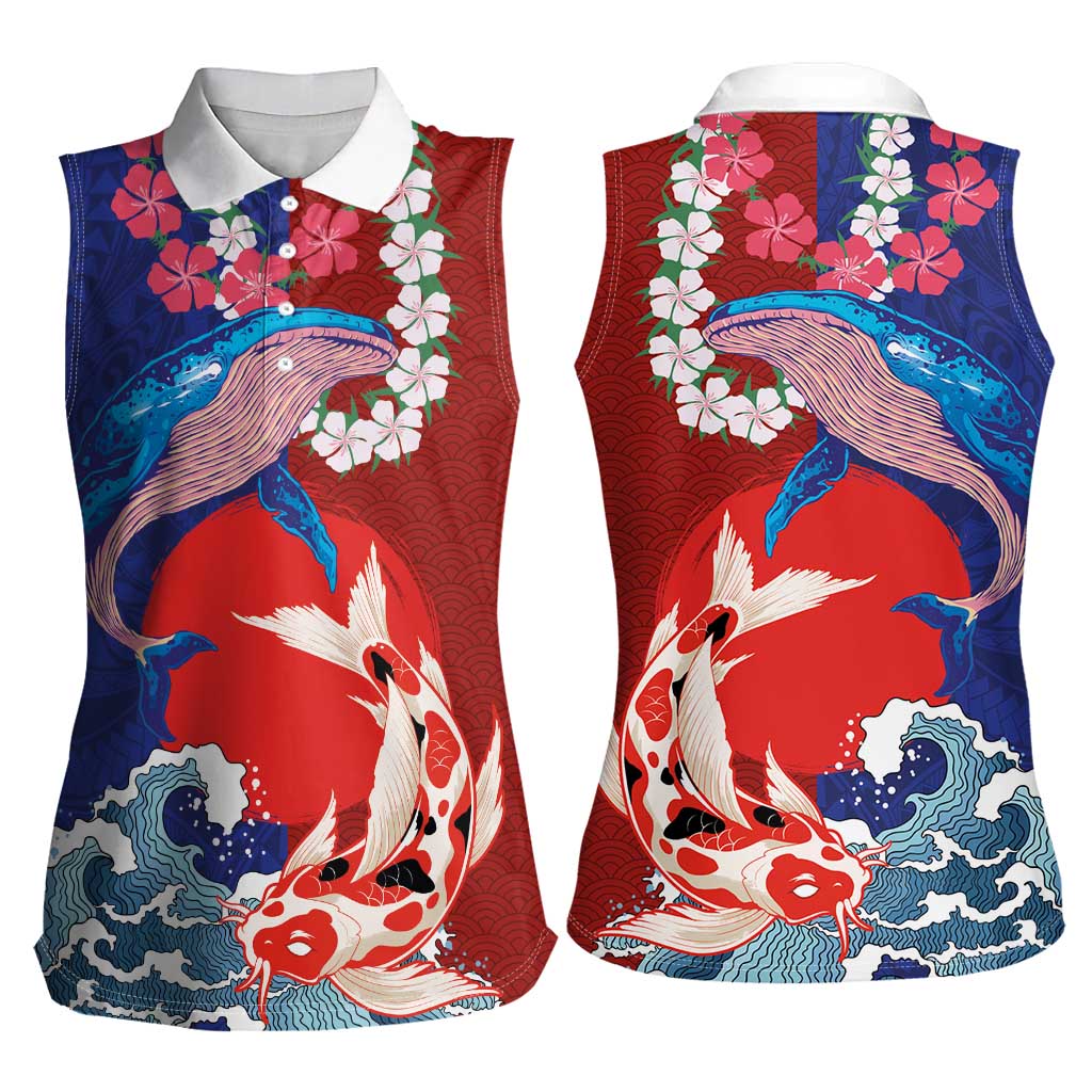 Hawaiian and Japanese Together Women Sleeveless Polo Shirt The Whale and Koi Fish with Hinomaru and Lei LT03 - Polynesian Pride