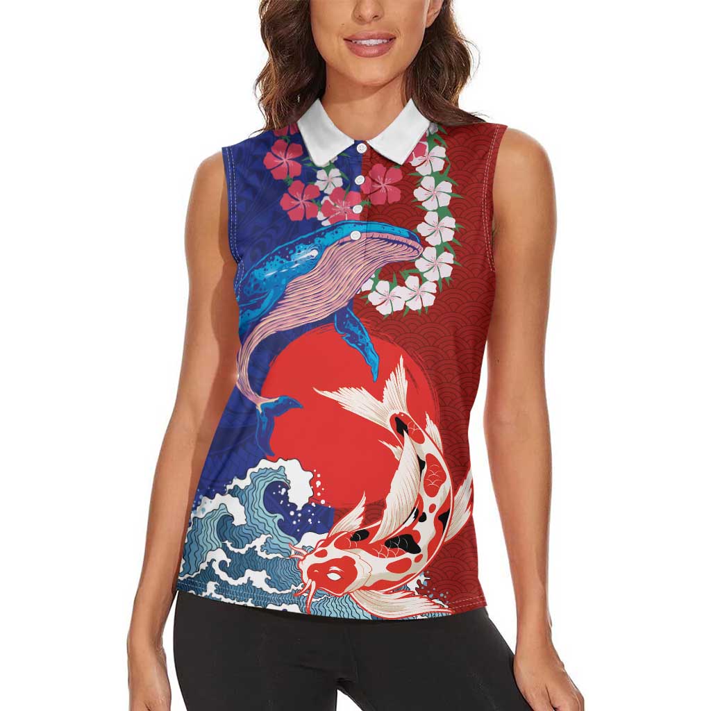 Hawaiian and Japanese Together Women Sleeveless Polo Shirt The Whale and Koi Fish with Hinomaru and Lei LT03 - Polynesian Pride